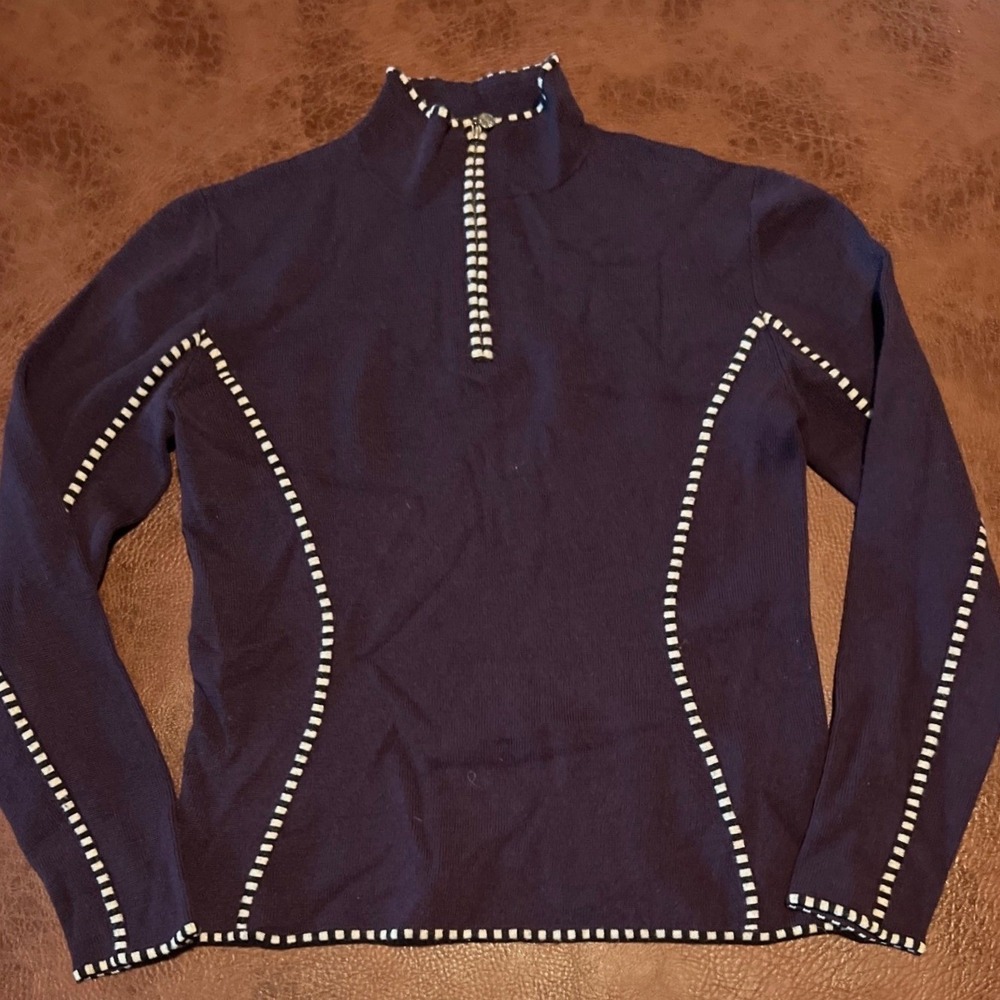 Neve Designs Purple 100% Wool Quarter Zip‎ Sweater Checkered Trim Womens Small